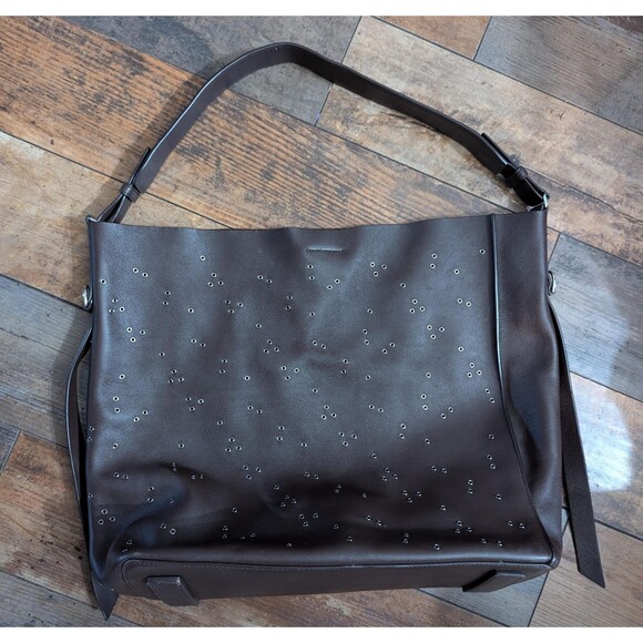 AllSaints Junai Leather Tote Crossbody Bag Brown Studded Studs Shoulder Hobo - Picture 2 of 9